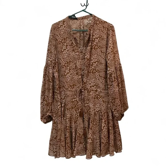 Aakaa Brown Floral Long Sleeve Dress NWT - Picture 3 of 5